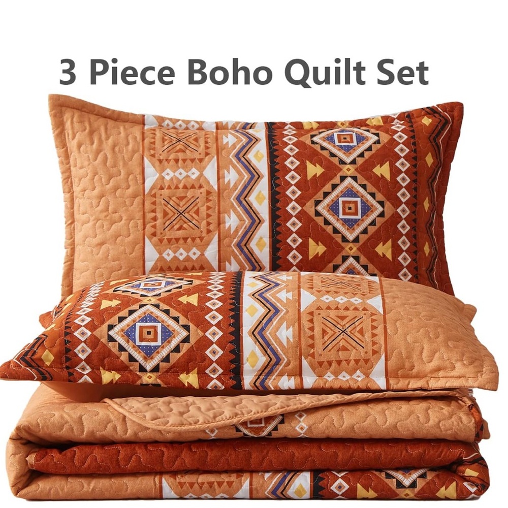 King Size Orange Quilt Set Geometric Pattern - Picture 7 of 8
